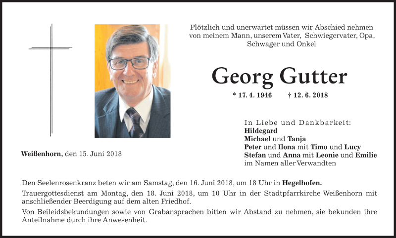 Traueranzeige für Georg Gutter vom 15.06.2018 aus SÜDWEST PRESSE Ausgabe Ulm/Neu-Ulm