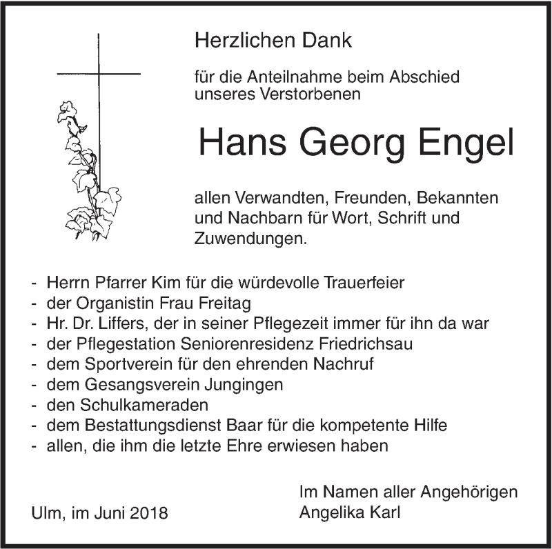  Traueranzeige für Hans Georg Engel vom 13.06.2018 aus SÜDWEST PRESSE Ausgabe Ulm/Neu-Ulm