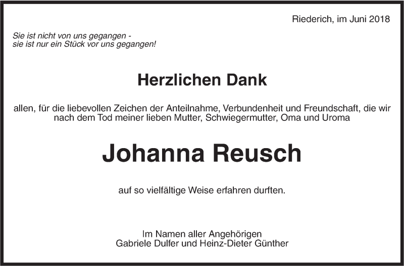  Traueranzeige für Johanna Reusch vom 30.06.2018 aus Metzinger-Uracher Volksblatt