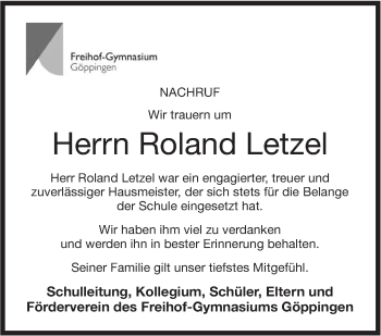 Traueranzeige von Roland Letzel von NWZ Neue Württembergische Zeitung