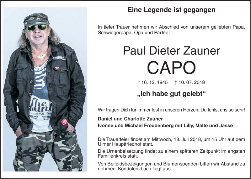  Traueranzeige für Capo  vom 14.07.2018 aus SÜDWEST PRESSE Ausgabe Ulm/Neu-Ulm