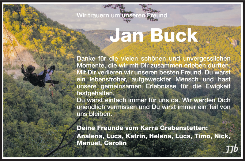  Traueranzeige für Jan Buck vom 10.07.2018 aus Metzinger-Uracher Volksblatt