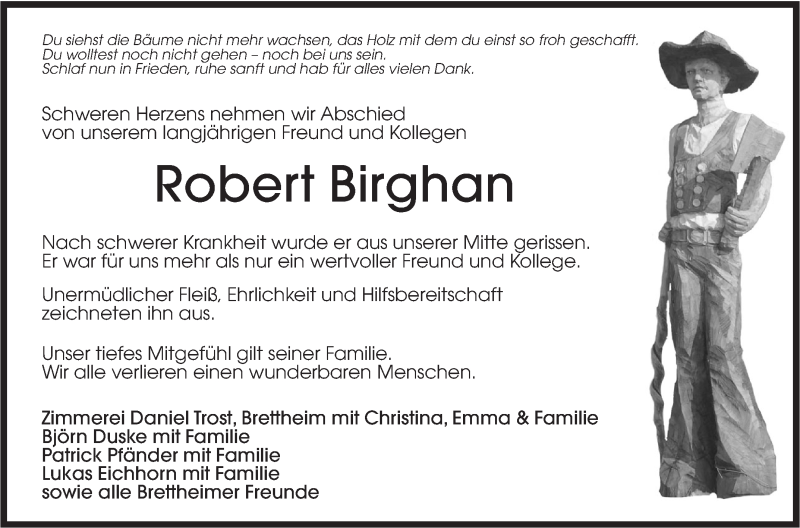  Traueranzeige für Robert Birghan vom 17.07.2018 aus Hohenloher Tagblatt