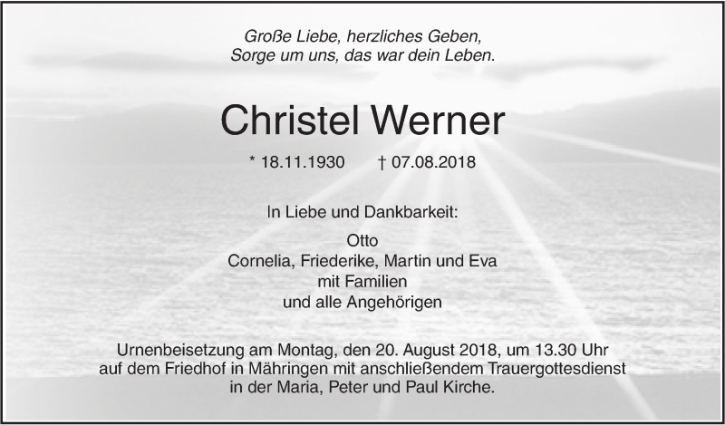  Traueranzeige für Christel Werner vom 11.08.2018 aus SÜDWEST PRESSE Ausgabe Ulm/Neu-Ulm