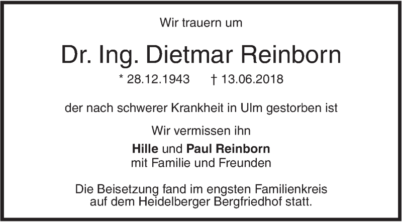 Traueranzeige für Dietmar Reinborn vom 11.08.2018 aus SÜDWEST PRESSE Ausgabe Ulm/Neu-Ulm