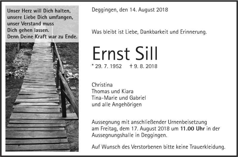  Traueranzeige für Ernst Sill vom 14.08.2018 aus SÜDWEST PRESSE Ausgabe Ulm/Neu-Ulm