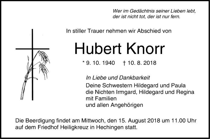  Traueranzeige für Hubert Knorr vom 14.08.2018 aus Hohenzollerische Zeitung