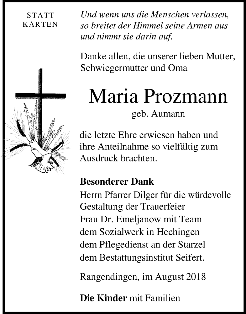  Traueranzeige für Maria Prozmann vom 24.08.2018 aus Hohenzollerische Zeitung