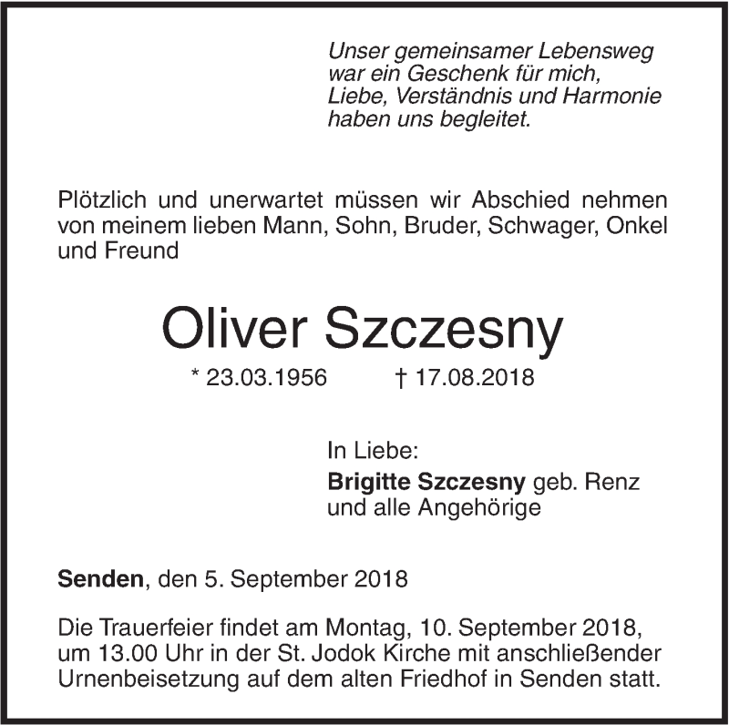  Traueranzeige für Oliver Szczesny vom 05.09.2018 aus SÜDWEST PRESSE Ausgabe Ulm/Neu-Ulm