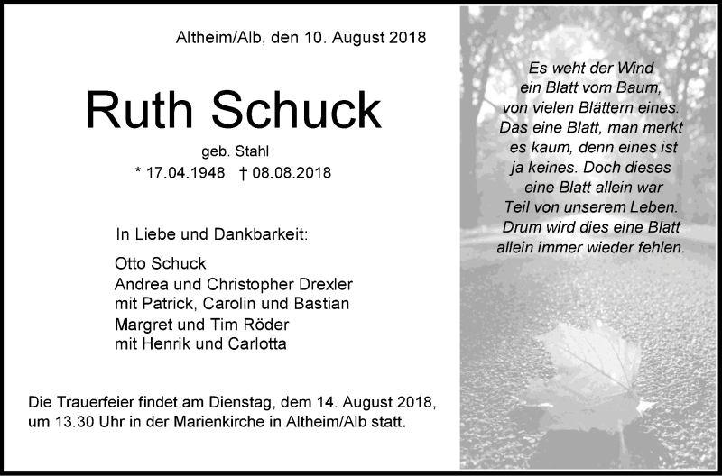  Traueranzeige für Ruth Schuck vom 10.08.2018 aus SÜDWEST PRESSE Ausgabe Ulm/Neu-Ulm