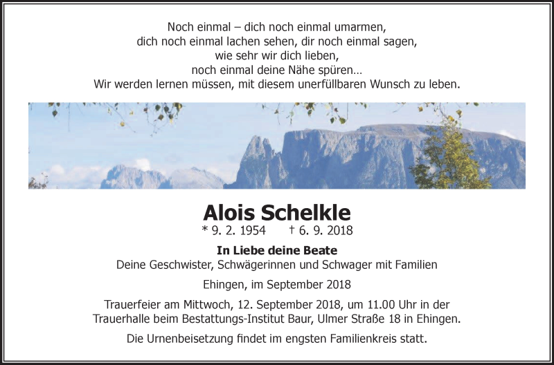  Traueranzeige für Alois Schelkle vom 08.09.2018 aus Ehinger Tagblatt