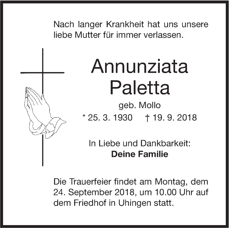  Traueranzeige für Annunziata Paletta vom 22.09.2018 aus NWZ Neue Württembergische Zeitung