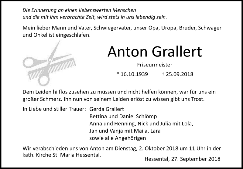  Traueranzeige für Anton Grallert vom 27.09.2018 aus Haller Tagblatt
