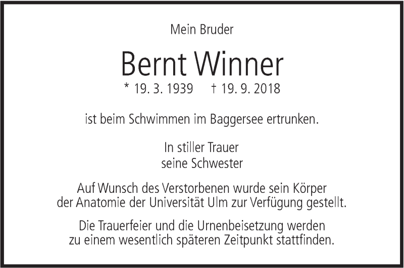 Traueranzeige für Bernt Winner vom 26.09.2018 aus SÜDWEST PRESSE Ausgabe Ulm/Neu-Ulm