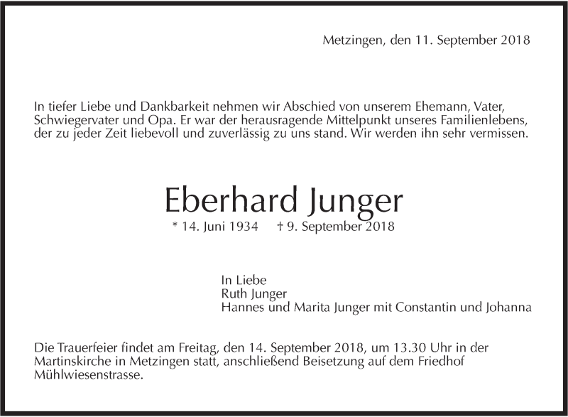  Traueranzeige für Eberhard Junger vom 11.09.2018 aus Metzinger-Uracher Volksblatt