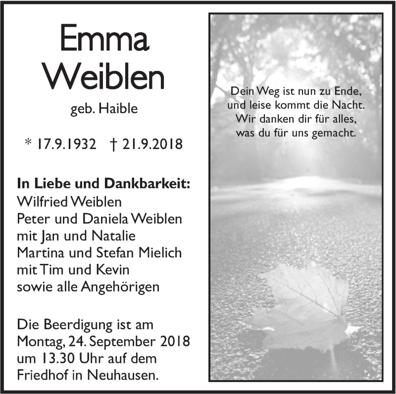  Traueranzeige für Emma Weiblen vom 22.09.2018 aus Metzinger-Uracher Volksblatt