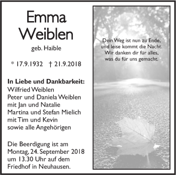Traueranzeige von Emma Weiblen von Metzinger-Uracher Volksblatt