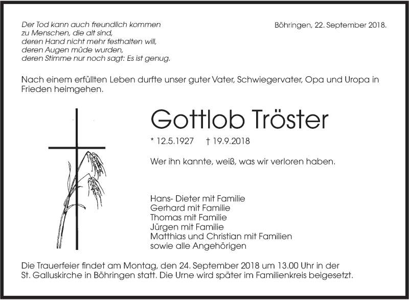  Traueranzeige für Gottlob Tröster vom 22.09.2018 aus Metzinger-Uracher Volksblatt
