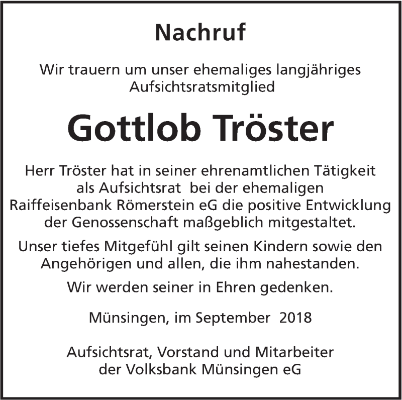  Traueranzeige für Gottlob Tröster vom 22.09.2018 aus Alb-Bote/Metzinger-Uracher Volksblatt