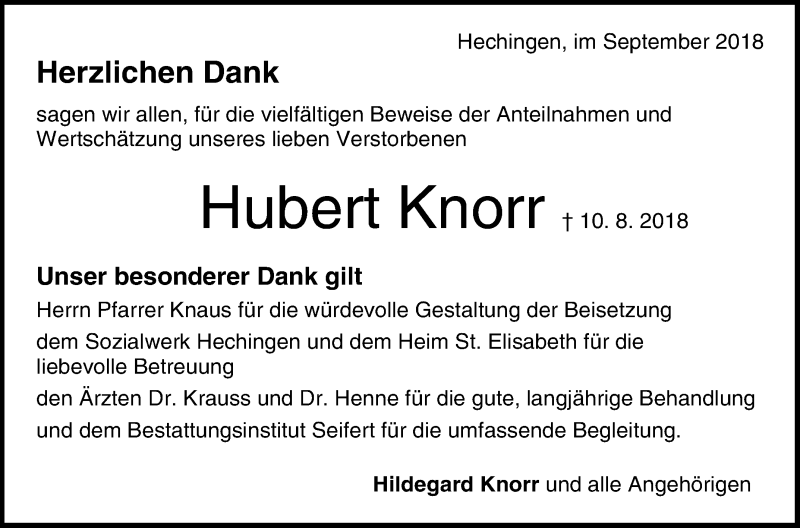  Traueranzeige für Hubert Knorr vom 15.09.2018 aus Hohenzollerische Zeitung