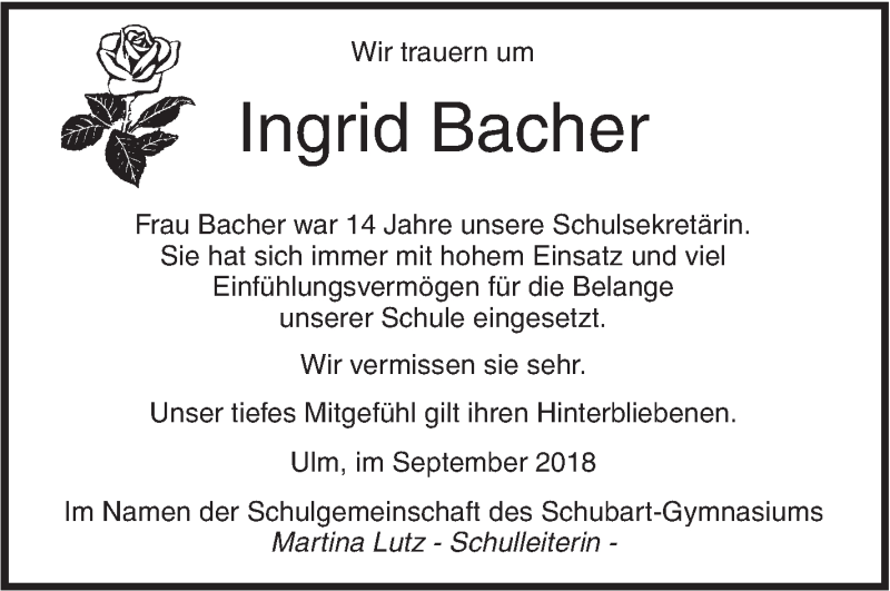  Traueranzeige für Ingrid Bacher vom 07.09.2018 aus SÜDWEST PRESSE Ausgabe Ulm/Neu-Ulm