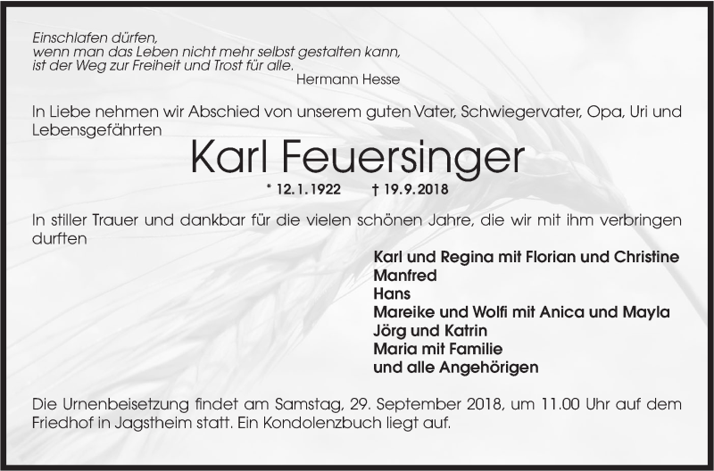  Traueranzeige für Karl Feuersinger vom 26.09.2018 aus Hohenloher Tagblatt