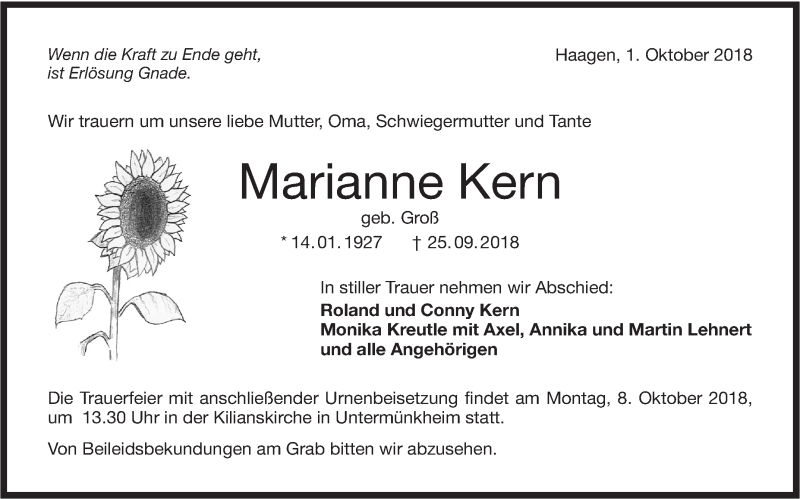  Traueranzeige für Marianne Kern vom 01.10.2018 aus Haller Tagblatt