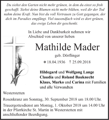 Traueranzeige von Mathilde Mader von SÜDWEST PRESSE Ausgabe Ulm/Neu-Ulm