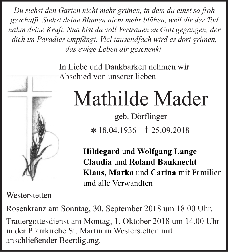  Traueranzeige für Mathilde Mader vom 28.09.2018 aus SÜDWEST PRESSE Ausgabe Ulm/Neu-Ulm