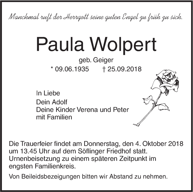  Traueranzeige für Paula Wolpert vom 29.09.2018 aus SÜDWEST PRESSE Ausgabe Ulm/Neu-Ulm