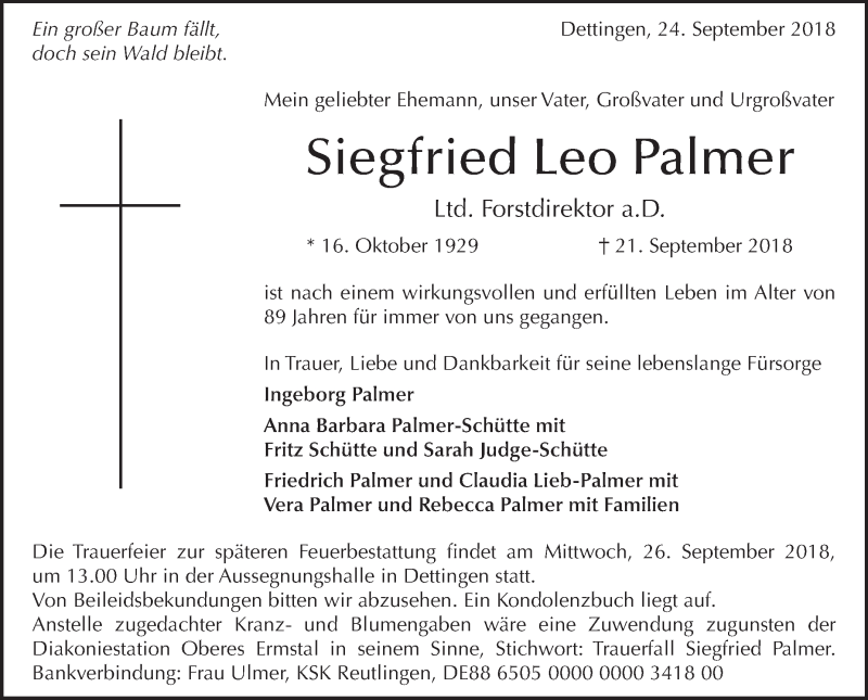  Traueranzeige für Siegfried Leo Palmer vom 24.09.2018 aus Metzinger-Uracher Volksblatt