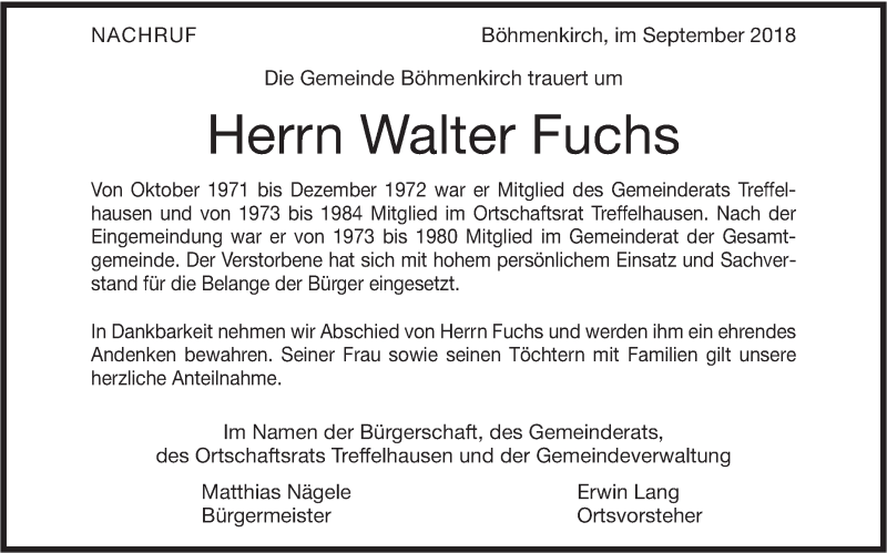  Traueranzeige für Walter Fuchs vom 26.09.2018 aus Geislinger Zeitung