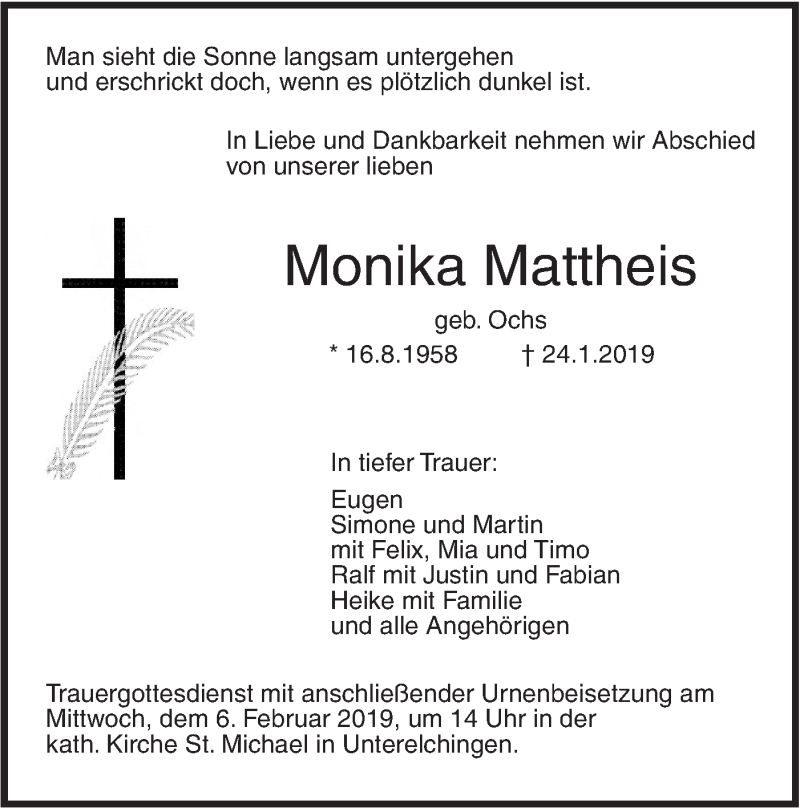  Traueranzeige für Monika Mattheis vom 02.02.2019 aus SÜDWEST PRESSE Ausgabe Ulm/Neu-Ulm