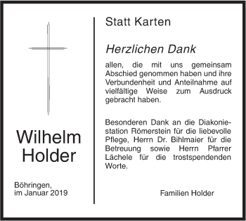 Traueranzeige von Wilhelm Holder von Metzinger-Uracher Volksblatt