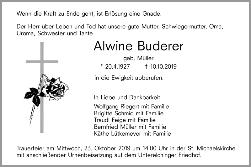  Traueranzeige für Alwine Buderer vom 19.10.2019 aus SÜDWEST PRESSE Ausgabe Ulm/Neu-Ulm