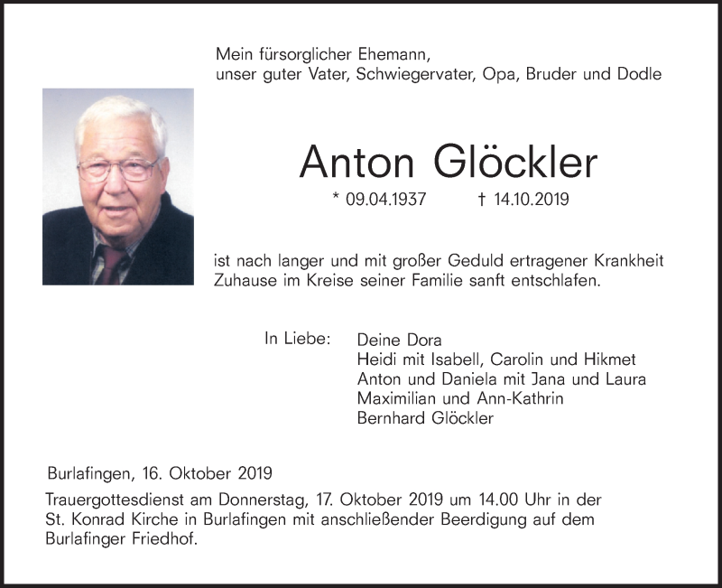  Traueranzeige für Anton Glöckler vom 16.10.2019 aus SÜDWEST PRESSE Ausgabe Ulm/Neu-Ulm