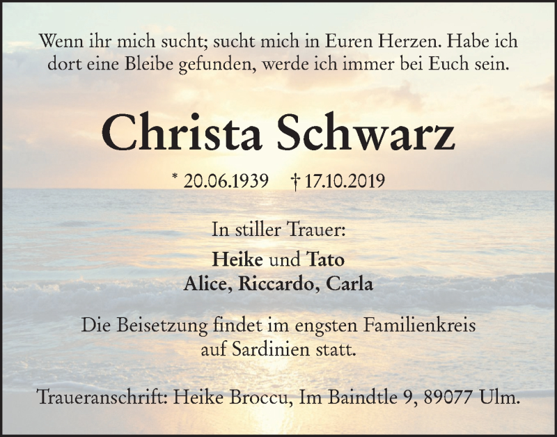  Traueranzeige für Christa Schwarz vom 19.10.2019 aus SÜDWEST PRESSE Ausgabe Ulm/Neu-Ulm