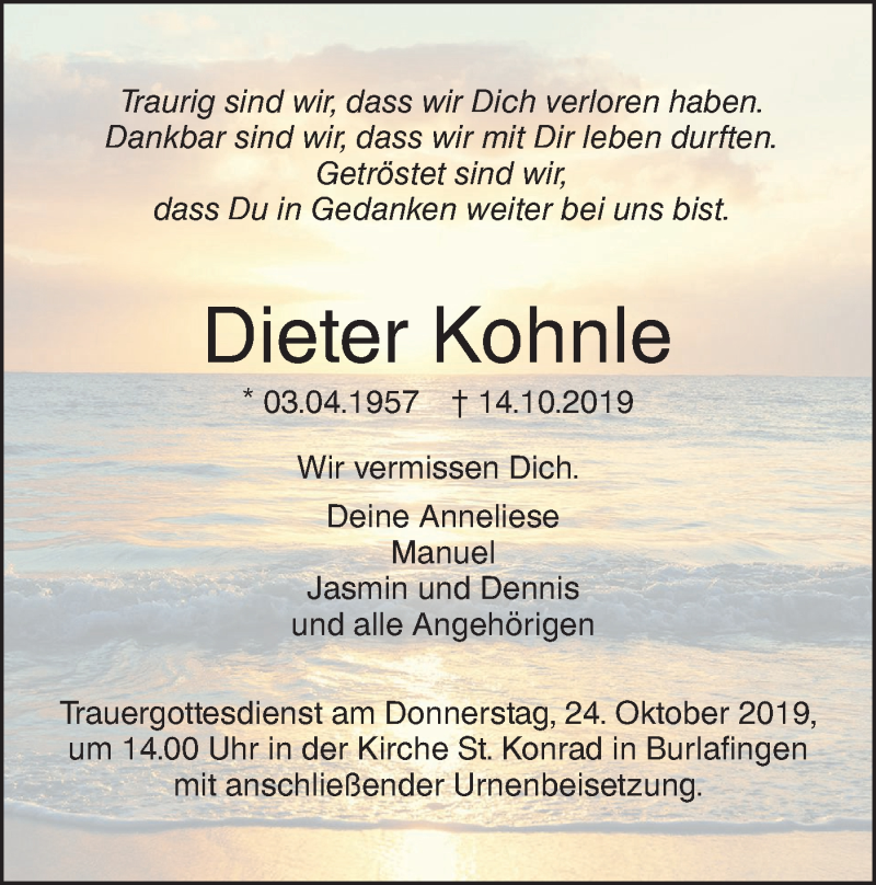  Traueranzeige für Dieter Kohnle vom 19.10.2019 aus SÜDWEST PRESSE Ausgabe Ulm/Neu-Ulm