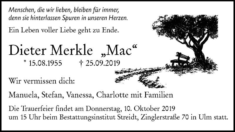  Traueranzeige für Dieter Merkle vom 05.10.2019 aus SÜDWEST PRESSE Ausgabe Ulm/Neu-Ulm