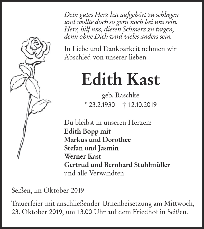  Traueranzeige für Edith Kast vom 18.10.2019 aus SÜDWEST PRESSE Ausgabe Ulm/Neu-Ulm