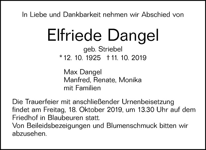  Traueranzeige für Elfriede Dangel vom 16.10.2019 aus SÜDWEST PRESSE Ausgabe Ulm/Neu-Ulm