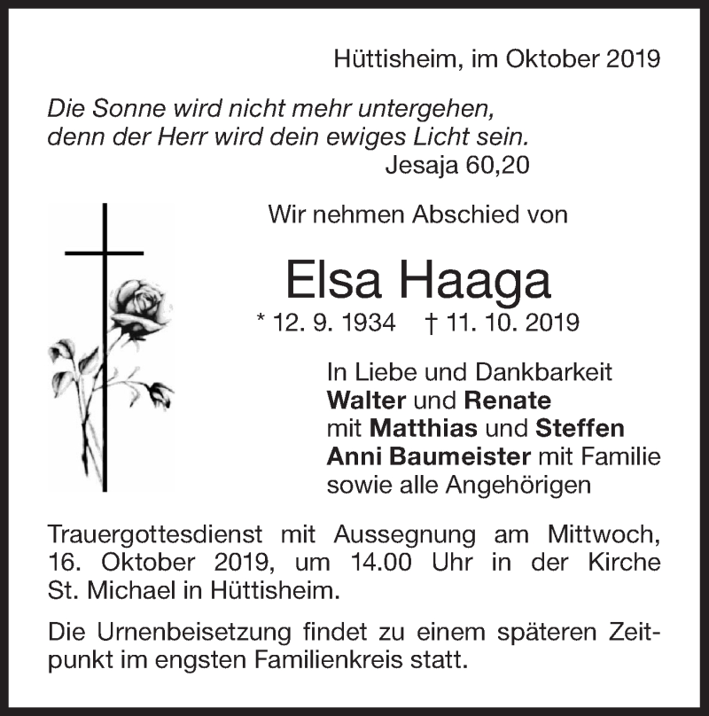  Traueranzeige für Elsa Haaga vom 14.10.2019 aus SÜDWEST PRESSE Ausgabe Ulm/Neu-Ulm