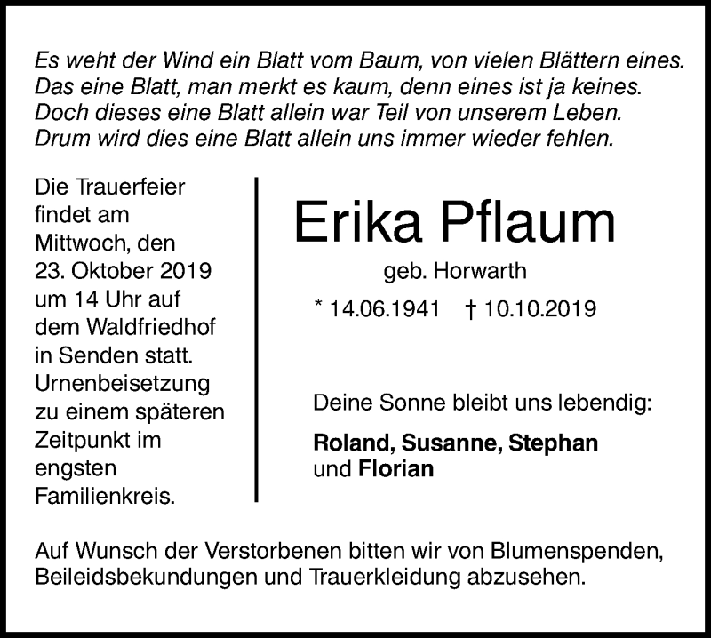  Traueranzeige für Erika Pflaum vom 19.10.2019 aus SÜDWEST PRESSE Ausgabe Ulm/Neu-Ulm