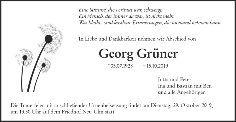  Traueranzeige für Georg Grüner vom 19.10.2019 aus SÜDWEST PRESSE Ausgabe Ulm/Neu-Ulm
