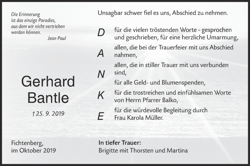  Traueranzeige für Gerhard Bantle vom 19.10.2019 aus Rundschau Gaildorf