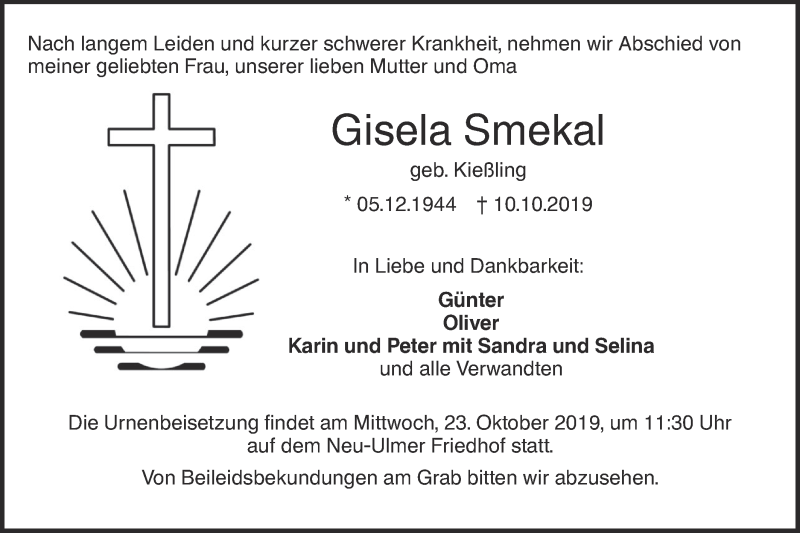  Traueranzeige für Gisela Smekal vom 19.10.2019 aus SÜDWEST PRESSE Ausgabe Ulm/Neu-Ulm