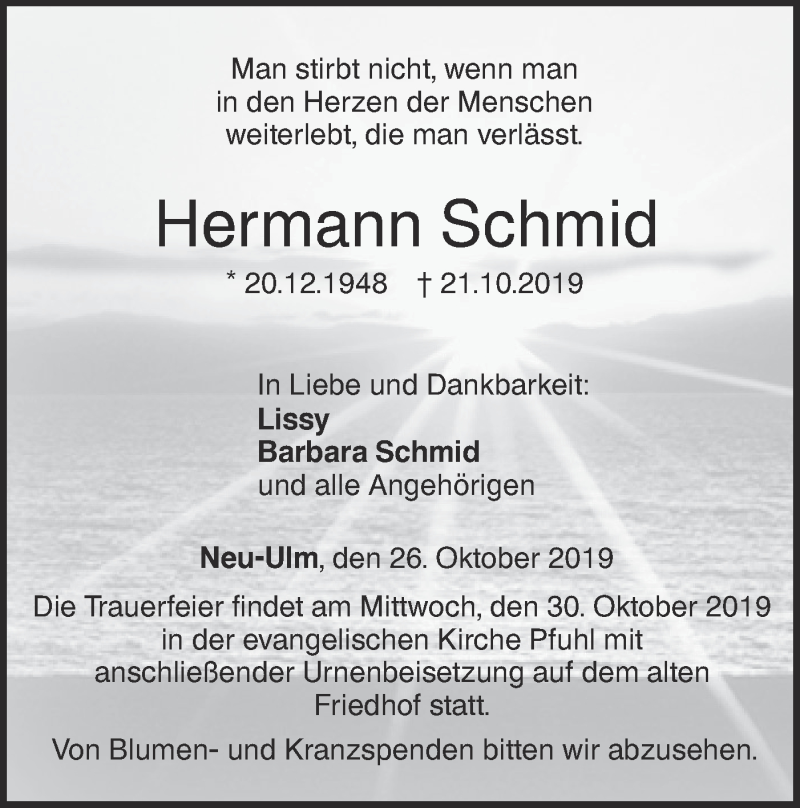  Traueranzeige für Hermann Schmid vom 26.10.2019 aus SÜDWEST PRESSE Ausgabe Ulm/Neu-Ulm