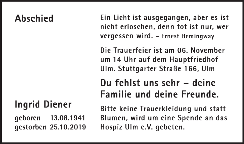 Traueranzeige für Ingrid Diener vom 02.11.2019 aus SÜDWEST PRESSE Ausgabe Ulm/Neu-Ulm