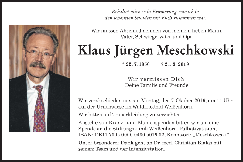  Traueranzeige für Klaus Jürgen Meschkowski vom 04.10.2019 aus SÜDWEST PRESSE Ausgabe Ulm/Neu-Ulm