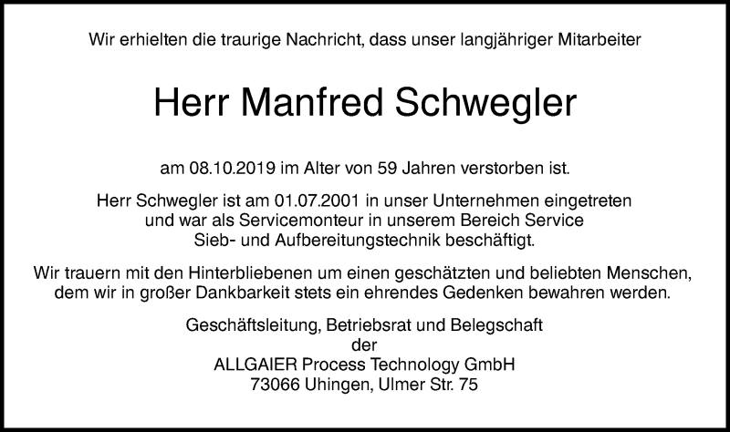  Traueranzeige für Manfred Schwegler vom 12.10.2019 aus SÜDWEST PRESSE Ausgabe Ulm/Neu-Ulm
